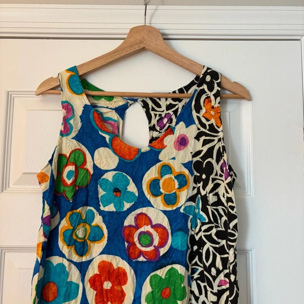 Jams World Voile Retro Multi Floral Rayon Cotton Sleeveless Tank Dress Ruffle M - Picture 2 of 9